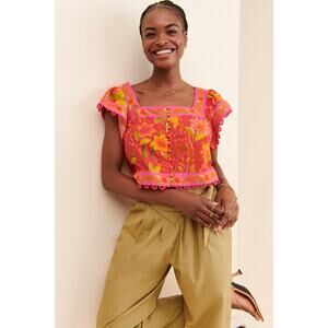 Farm Rio Solar Forest Blouse Top Women Large Pink Square Neck Ruffled Sleeve